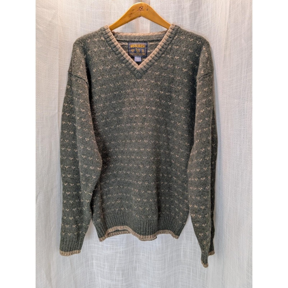 Woolrich Sweater Men's L Green V Neck Wool Birdseye Outdoor Grandpa Pullover